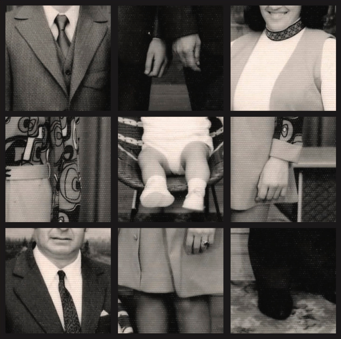 A grid of black and white photos which focus on zoomed in parts of various people