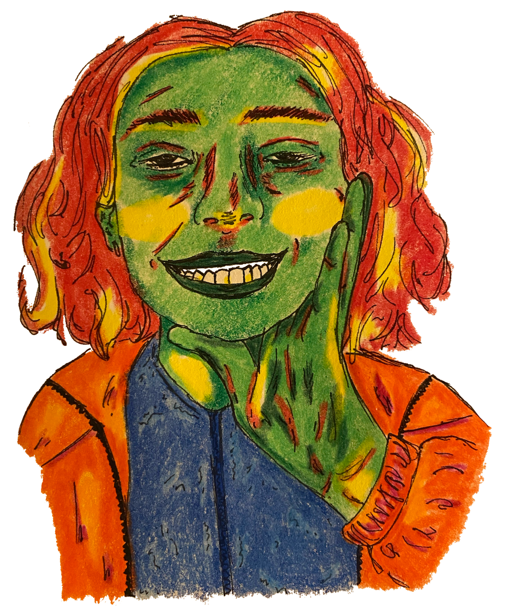 A comic-style illustration of a young woman with green skin and yellow highlights, a short wavy bob in red, in a blue jumper and bright orange jacket. A hand leans against her face, and the image is cut off mid-torso.