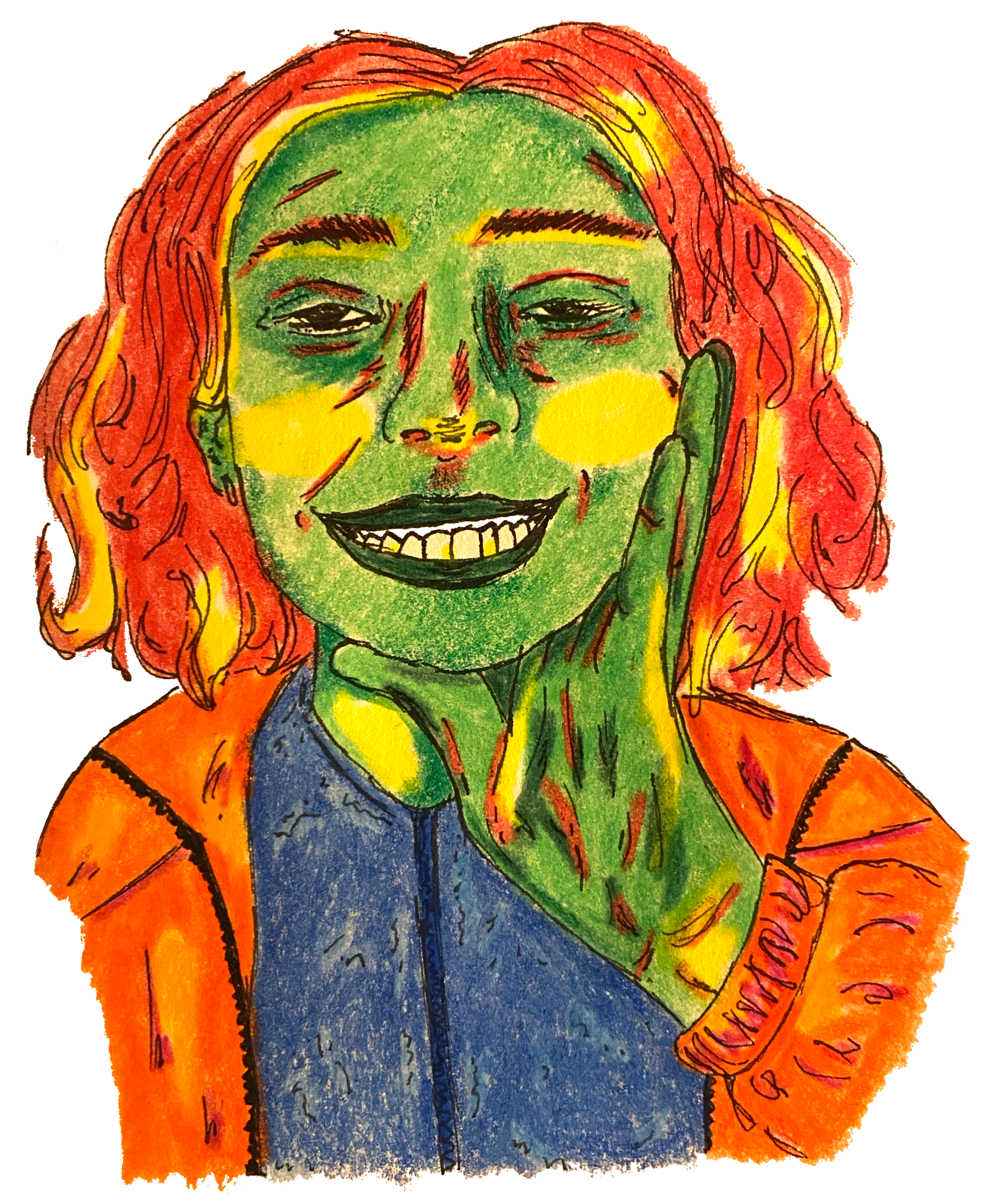 A comic-style illustration of a young woman with green skin and yellow highlights, a short wavy bob in red, in a blue jumper and bright orange jacket. A hand leans against her face, and the image is cut off mid-torso.